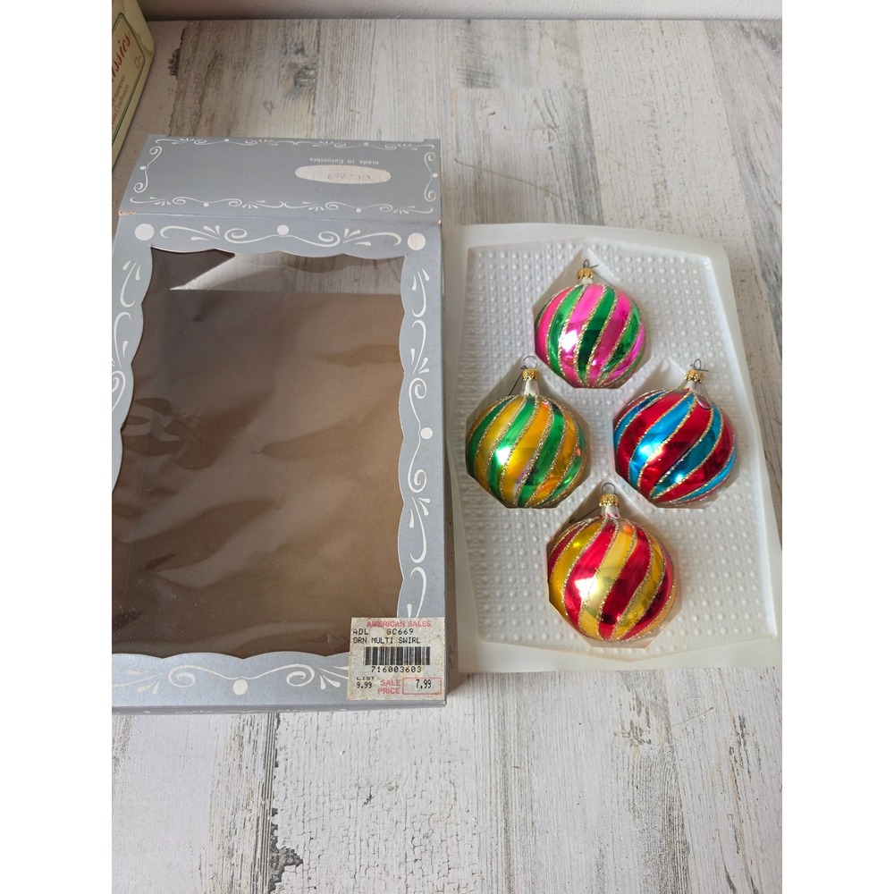 Vintage Kurt Adler glass ornament set harlequin striped glitter unique glass